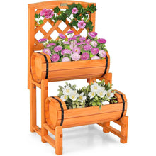 Load image into Gallery viewer, 2-Tier Raised Wooden Garden Bed with 2 Cylindrical Barrel Planter Boxes and Trellis - Adler's Store