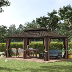 20 x 12 Feet Double Roof Hardtop Aluminum Frame Gazebo with Netting and Curtains - Adler's Store