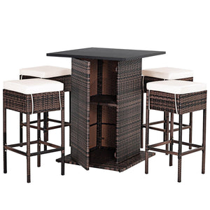 5 Piece Rattan Patio Bar Table Set with Concealed Storage Shelf - Adler's Store