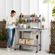 Load image into Gallery viewer, Wood Garden Potting Bench with Sliding Table Top and Dry Sink and Wheels