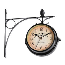 Load image into Gallery viewer, Double Sided Metal Hanging Wall Clock In Vintage Train Station Design - Adler's Store