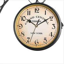 Load image into Gallery viewer, Double Sided Metal Hanging Wall Clock In Vintage Train Station Design - Adler's Store