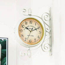 Load image into Gallery viewer, Double Sided Metal Hanging Wall Clock In Vintage Train Station Design - Adler's Store