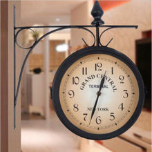 Load image into Gallery viewer, Double Sided Metal Hanging Wall Clock In Vintage Train Station Design - Adler's Store