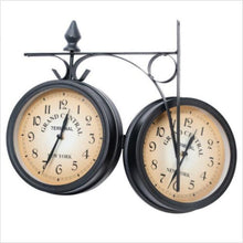 Load image into Gallery viewer, Double Sided Metal Hanging Wall Clock In Vintage Train Station Design - Adler's Store