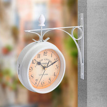 Load image into Gallery viewer, Double Sided Metal Hanging Wall Clock In Vintage Train Station Design - Adler's Store
