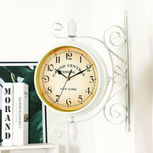 Load image into Gallery viewer, Double Sided Metal Hanging Wall Clock In Vintage Train Station Design - Adler's Store