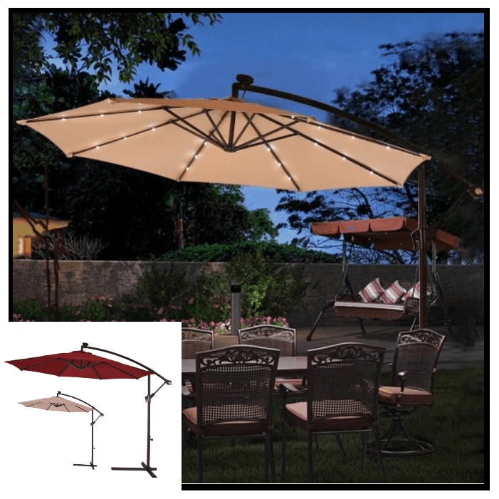 Solar 10Ft Hanging Umbrella Sun Shade with LED Lights Tan