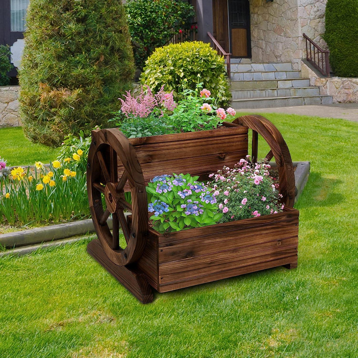 planter pots on wheels Wooden Wagon Planter Box Decorative Garden Planter with Wheels for Indoor and Outdoor Use
