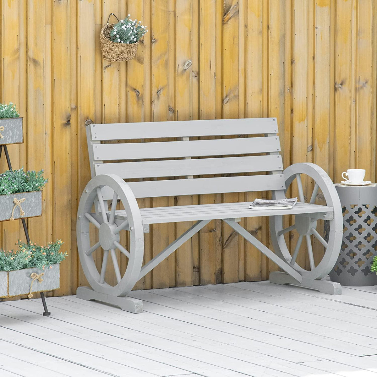 Wooden Wagon Wheel Bench Garden Loveseat