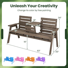 Load image into Gallery viewer, 2-3 Person Fir Wood Bench with Foldable Middle Table Slatted Seats Backrest and Armrests