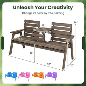 2-3 Person Fir Wood Bench with Foldable Middle Table Slatted Seats Backrest and Armrests