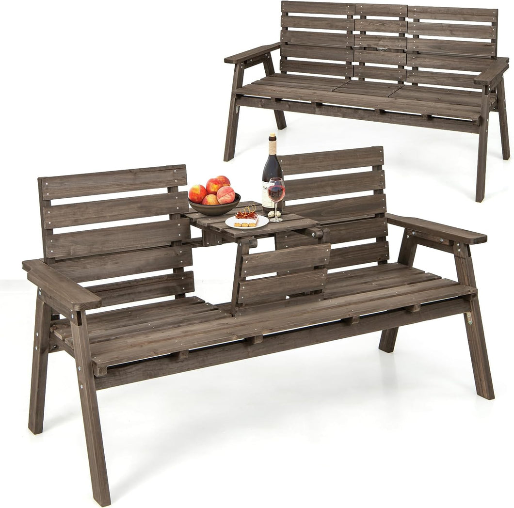2-3 Person Fir Wood Bench with Foldable Middle Table Slatted Seats Backrest and Armrests
