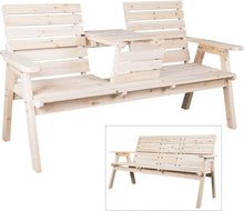 Load image into Gallery viewer, 2-3 Person Fir Wood Bench with Foldable Middle Table Slatted Seats Backrest and Armrests