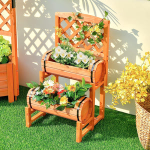 2-Tier Raised Wooden Garden Bed with 2 Cylindrical Barrel Planter Boxes and Trellis - Adler's Store