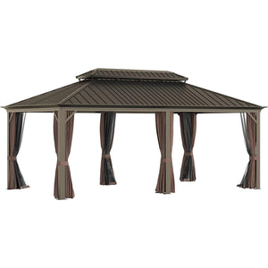 20 x 12 Feet Double Roof Hardtop Aluminum Frame Gazebo with Netting and Curtains - Adler's Store