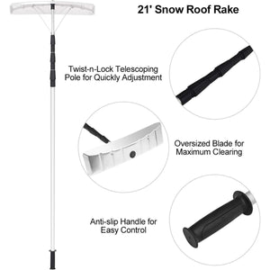 21 Feet Aluminum Snow Roof Rake with Large Poly Blade and Twist-n-Lock Telescoping Handle - Adler's Store