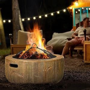 24 Inch Stump-Like Look Wood Burning Metal Fire Pit with Spark Cover Poker - Adler's Store