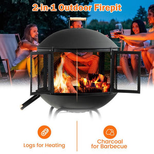 28 Inch Portable Fire Pit on Wheels with Fire Poker and 2-Door Gate - Adler's Store