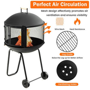 28 Inch Portable Fire Pit on Wheels with Fire Poker and 2-Door Gate - Adler's Store