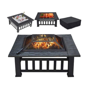 32 Inch Outdoor Metal Fire Pit Square Stove With Mesh Cover - Adler's Store