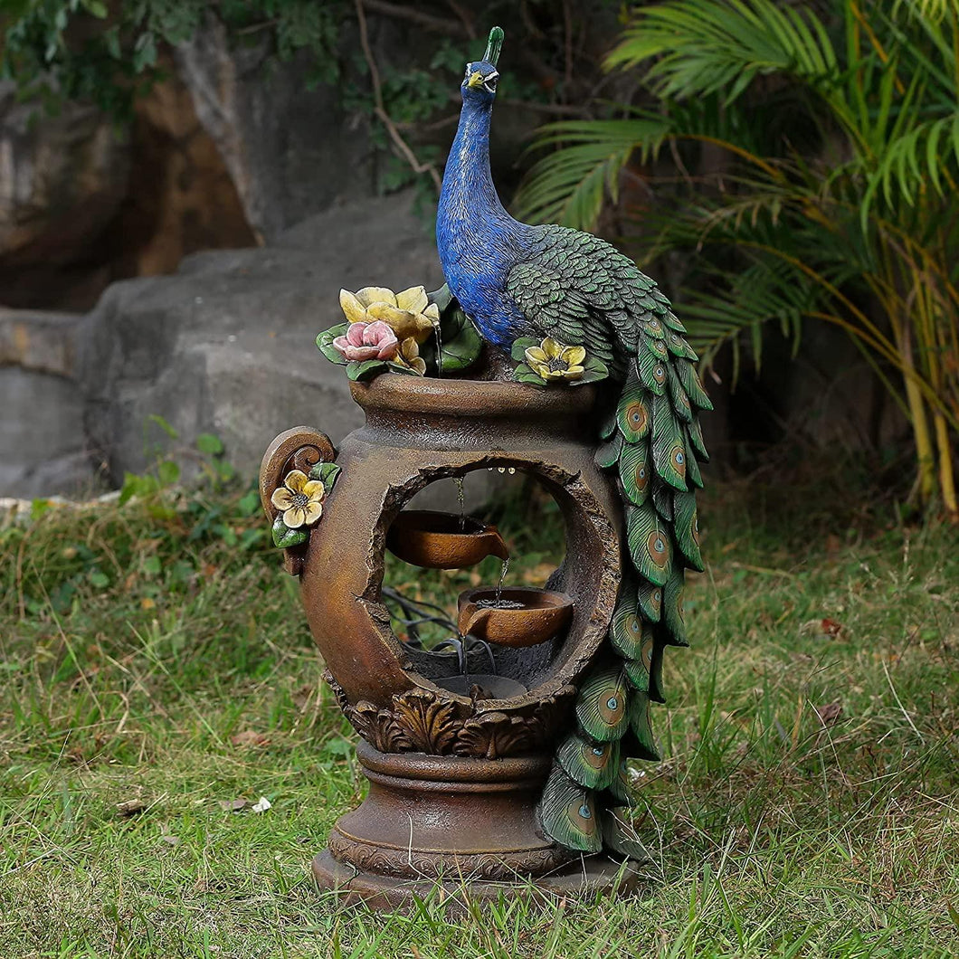 34 Inch Peacock and Urn Waterfall Garden Fountain with LED Lights - Adler's Store