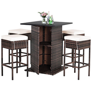 5 Piece Rattan Patio Bar Table Set with Concealed Storage Shelf - Adler's Store