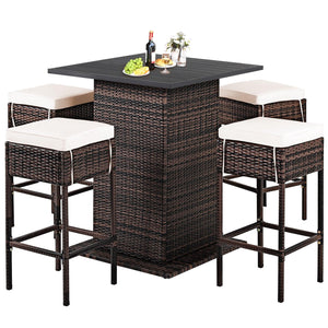 5 Piece Rattan Patio Bar Table Set with Concealed Storage Shelf - Adler's Store