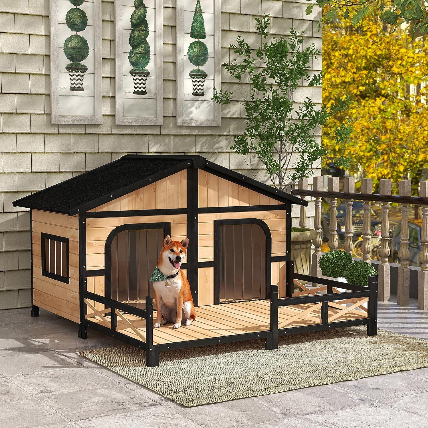 59 x 64 x 39 Inch Wooden Cabin Style Dog House for Small and Medium Dogs