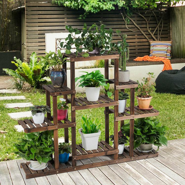 6-Tier Wood Pot Stand Display Rack with Multi-Level Storage Shelves