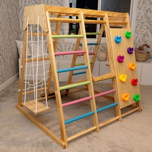 7-in-1 Real Wood Indoor Jungle Gym Playset with Slide Climbing Wall Swing and More - Adler's Store