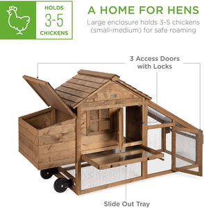 70 Inch Mobile Fir Wood Chicken Coop with Wheels - Adler's Store