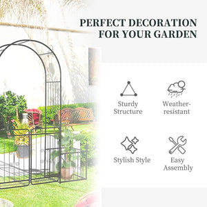 87 Inch Metal Garden Arch with Double Doors 2 Side Planter Baskets - Adler's Store