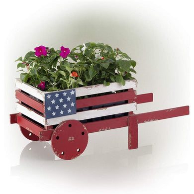 9 Inch Tall American Flag Wooden Wheelbarrow Red White and Blue Planter - Adler's Store