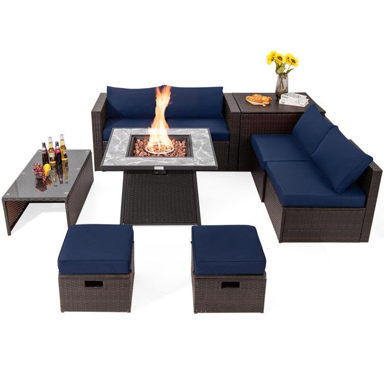 9 Pieces Patio Wicker Sectional Set with 50000 BTU Fire Pit Table - Adler's Store