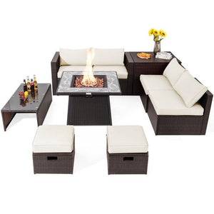 9 Pieces Patio Wicker Sectional Set with 50000 BTU Fire Pit Table - Adler's Store