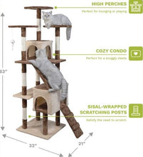 Load image into Gallery viewer, 63 Inch Comfort Cat Entertainment Tree with Sisal Scratching Posts and Multi Level Activities with Dimensions 