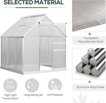 Load image into Gallery viewer, Greenhouse with transparent polycarbonate panel and aluminum alloy frame, highlighting features like high light transmission and UV protection.