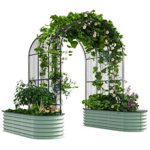 Load image into Gallery viewer, Arch Trellis Set with 2 Galvanized Raised Garden Beds Planter Boxes filled with greenery and flowers on a white background.