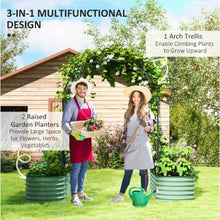 Load image into Gallery viewer, Two people in a garden with a 3-in-1 multifunctional gardening product, including an arch trellis and raised garden planters.