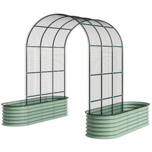 Load image into Gallery viewer, Green metal garden arch with attached troughs on a white background