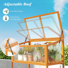Load image into Gallery viewer, Wooden greenhouse with adjustable roof, plants inside, and text on a blue sky background