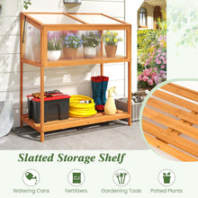 Load image into Gallery viewer, Wooden slatted storage shelf with gardening supplies in a garden setting