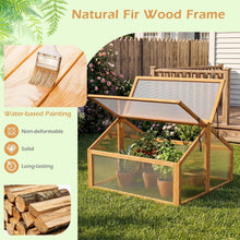 Load image into Gallery viewer, Wooden greenhouse with natural fir wood frame and water-based painting, surrounded by garden elements.