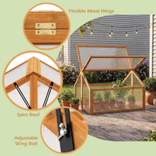 Load image into Gallery viewer, Wooden greenhouse with close-ups of flexible metal hinge, spire roof, and adjustable wing bolt on a green background.