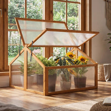 Load image into Gallery viewer, Wooden greenhouse with plants inside, placed on a wooden floor near a window.