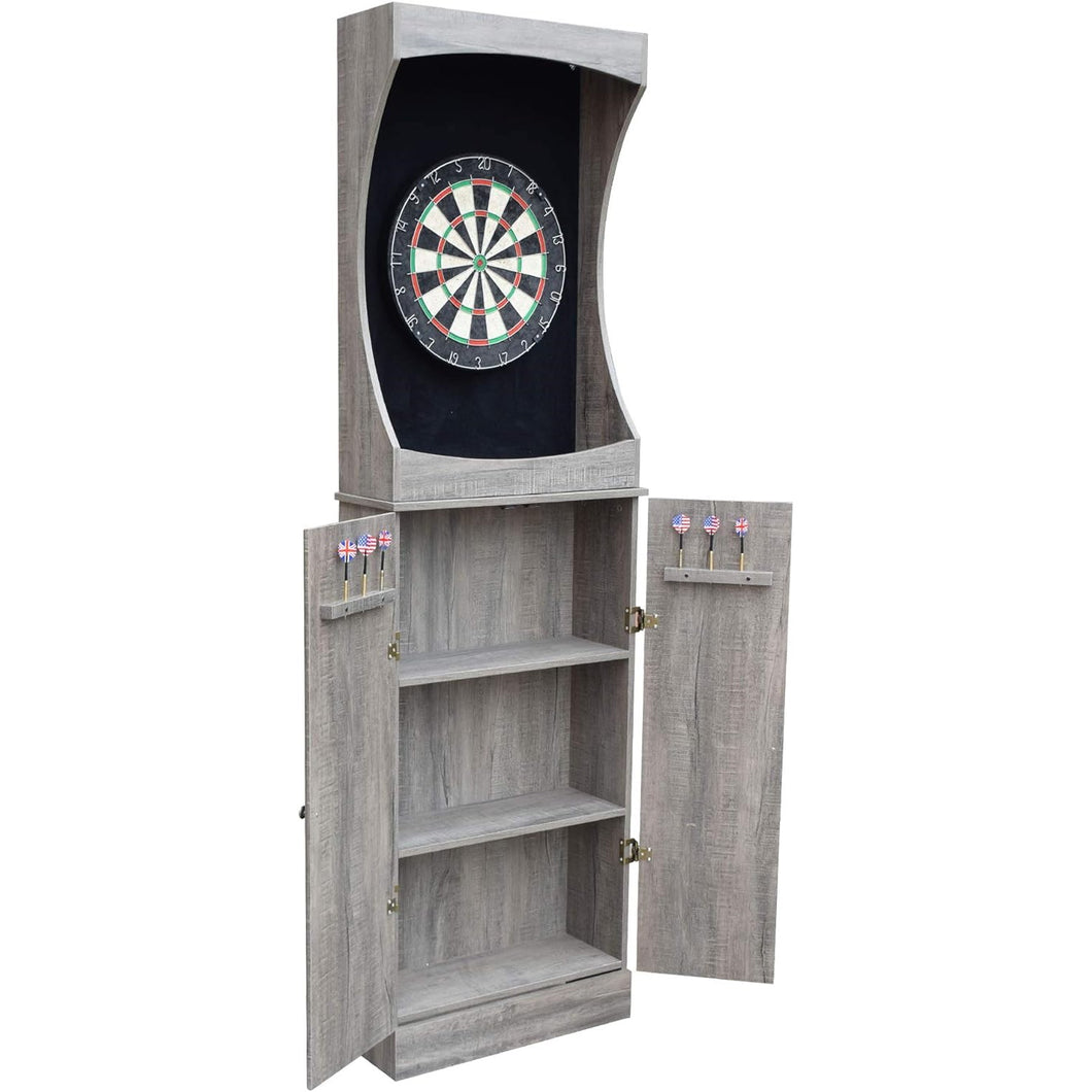 Free-Standing Game Room Dartboard Cabinet Set with 18 Steel-Tip Darts and Storage