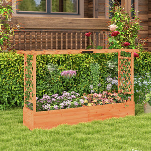 Fir Wood Freestanding Raised Planter Box Elevated Garden Bed with 2-Sided Trellis Hanging Roof and Drainage Holes