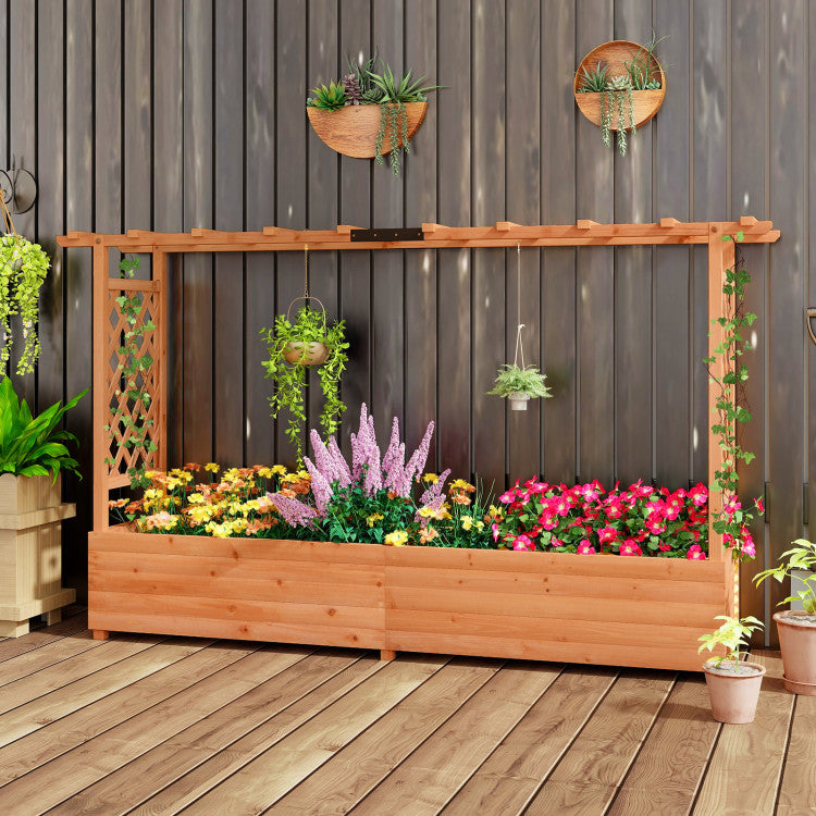 Fir Wood Freestanding Raised Planter Box with 2-Sided Trellis