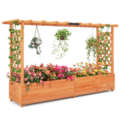 Fir Wood Freestanding Raised Planter Box Elevated Garden Bed with 2-Sided Trellis Hanging Roof and Drainage Holes
